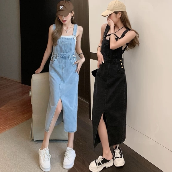 2025新款小个子寬鬆中長款包臀裙子
前開叉牛仔背带裙女 春夏季：圖片 10