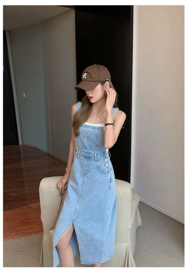 2025新款小个子寬鬆中長款包臀裙子
前開叉牛仔背带裙女 春夏季：圖片 9