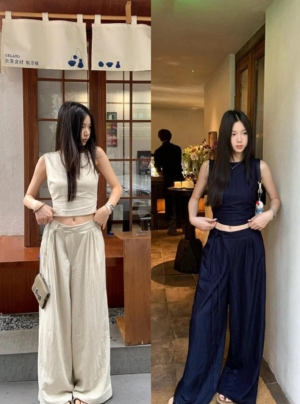 辣妹風蝴蝶結綁帶鏤空背心+高腰垂感拖地長褲兩件套套裝