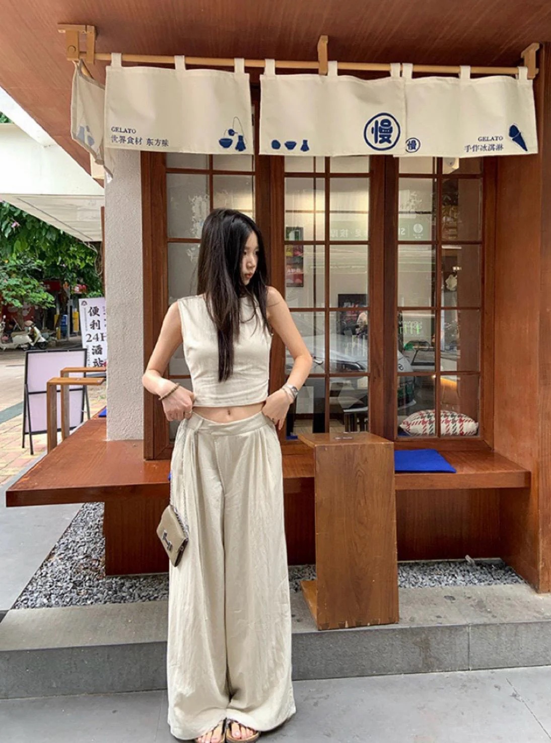 辣妹風蝴蝶結綁帶鏤空背心+高腰垂感拖地長褲兩件套套裝:圖片 6