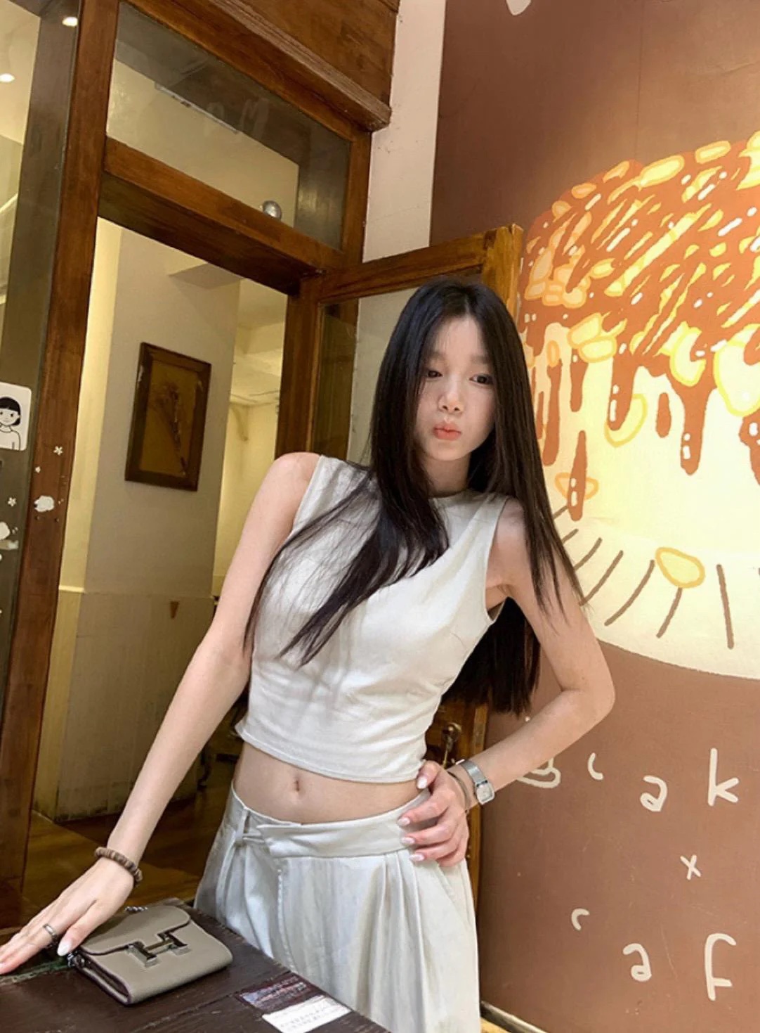 辣妹風蝴蝶結綁帶鏤空背心+高腰垂感拖地長褲兩件套套裝:圖片 12