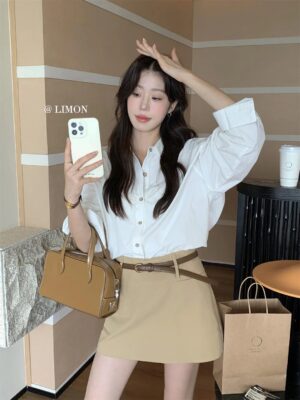 設計感高腰顯瘦洗水棉半身裙(配腰帶)