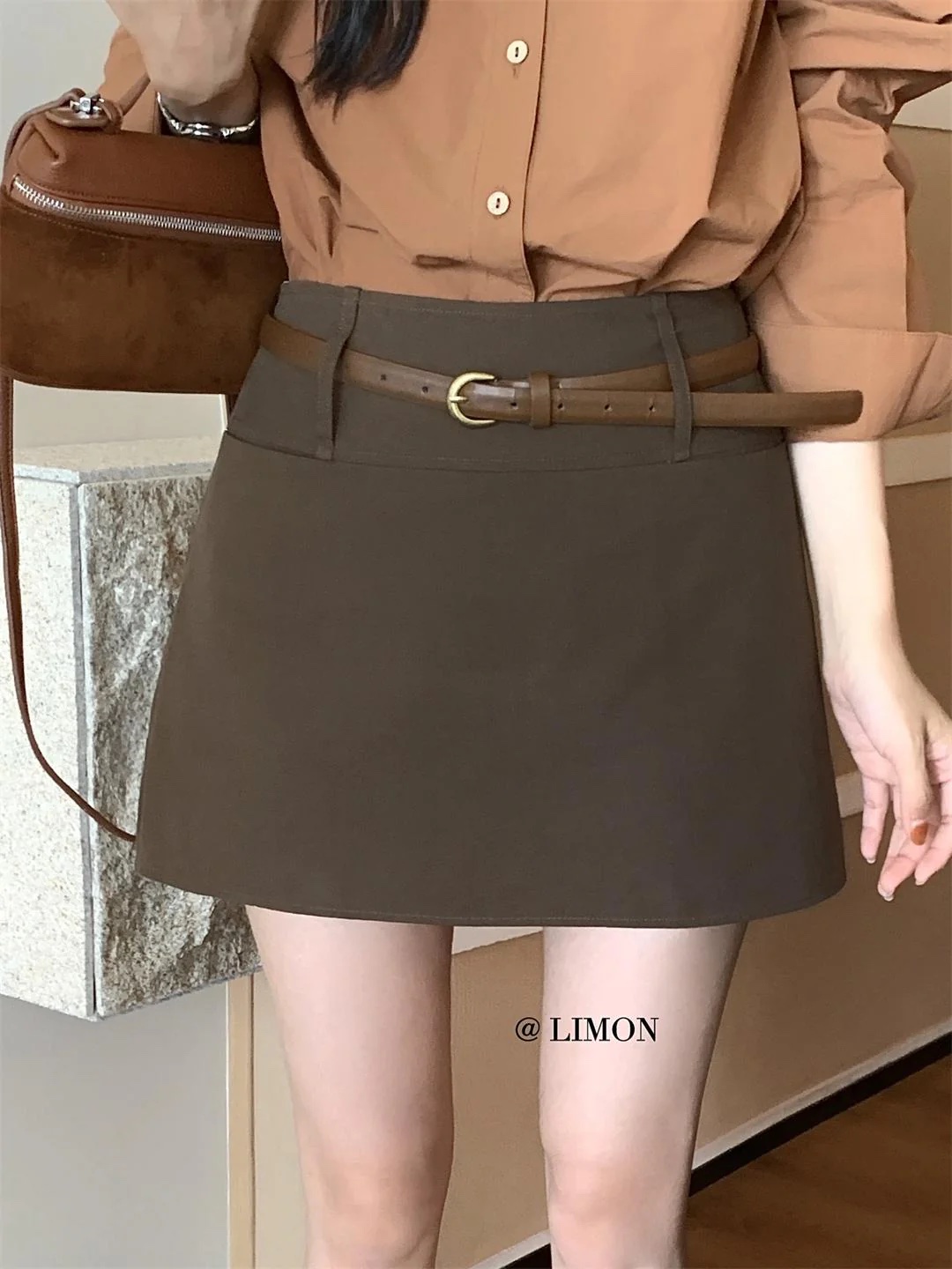 設計感高腰顯瘦洗水棉半身裙(配腰帶):圖片 2