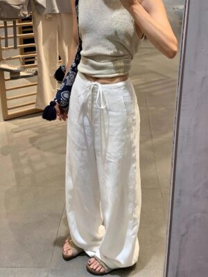 棉麻抽繩闊腿褲高腰寬鬆慵懶直筒褲休閒褲