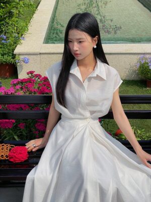 韓系通勤POLO領襯衫收腰中長裙連衣裙