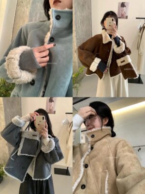 冬季韓標栗子味加厚加絨鎖住溫度寬鬆隨性氣質短外套(配包包)