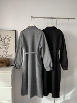 韓系呢料時尚襯衣領休閒大衣(配腰帶)