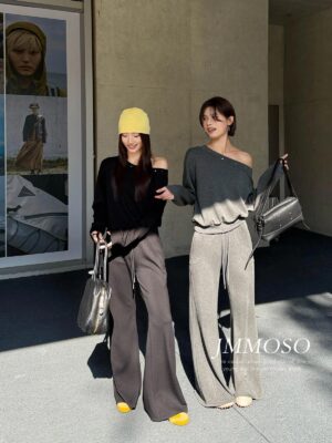 韓版休閒博主風鉚釘斜領露肩寬鬆衛衣+鬆緊腰顯瘦喇叭褲休閒褲套裝